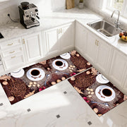 Set 2 Covorașe de Bucătărie Coffee Time, Model Cafea și Boabe de Cafea, Antiderapante, cu Spumă de Memorie, Maro, 50x120 cm + 50x60 cm