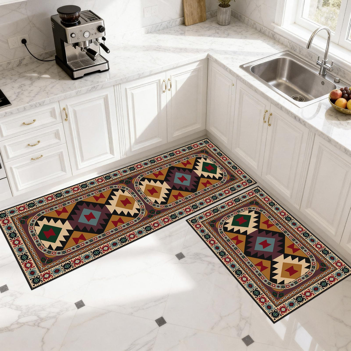 Set 2 Covorașe de Bucătărie Etnic Oriental, Antiderapante, cu Spumă de Memorie, Multicolor, 50x120 cm + 50x60 cm