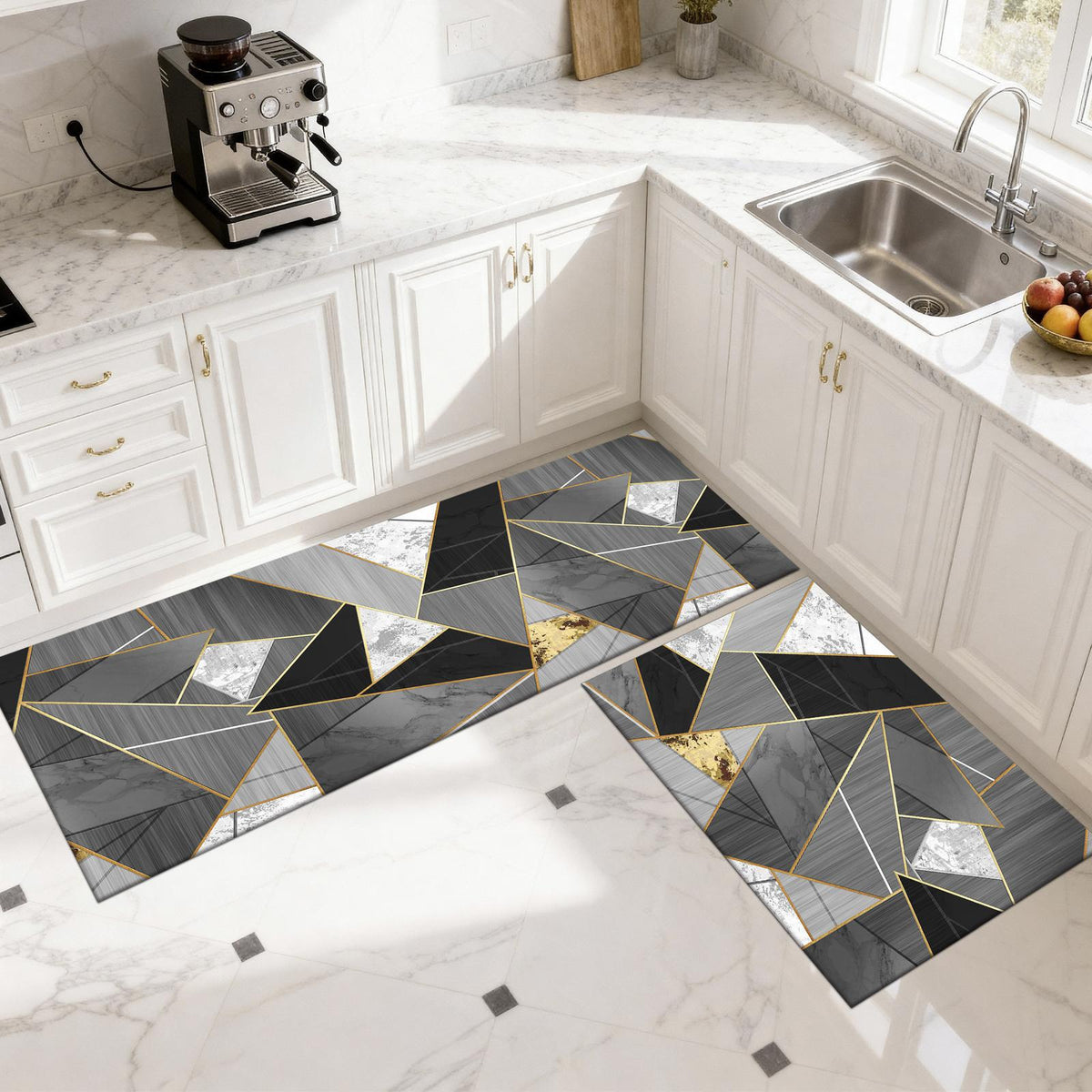 Set 2 Covorașe de Bucătărie Geometric Luxury, Antiderapante, cu Spumă de Memorie, Gri-Negru-Auriu, 50x120 cm + 50x60 cm