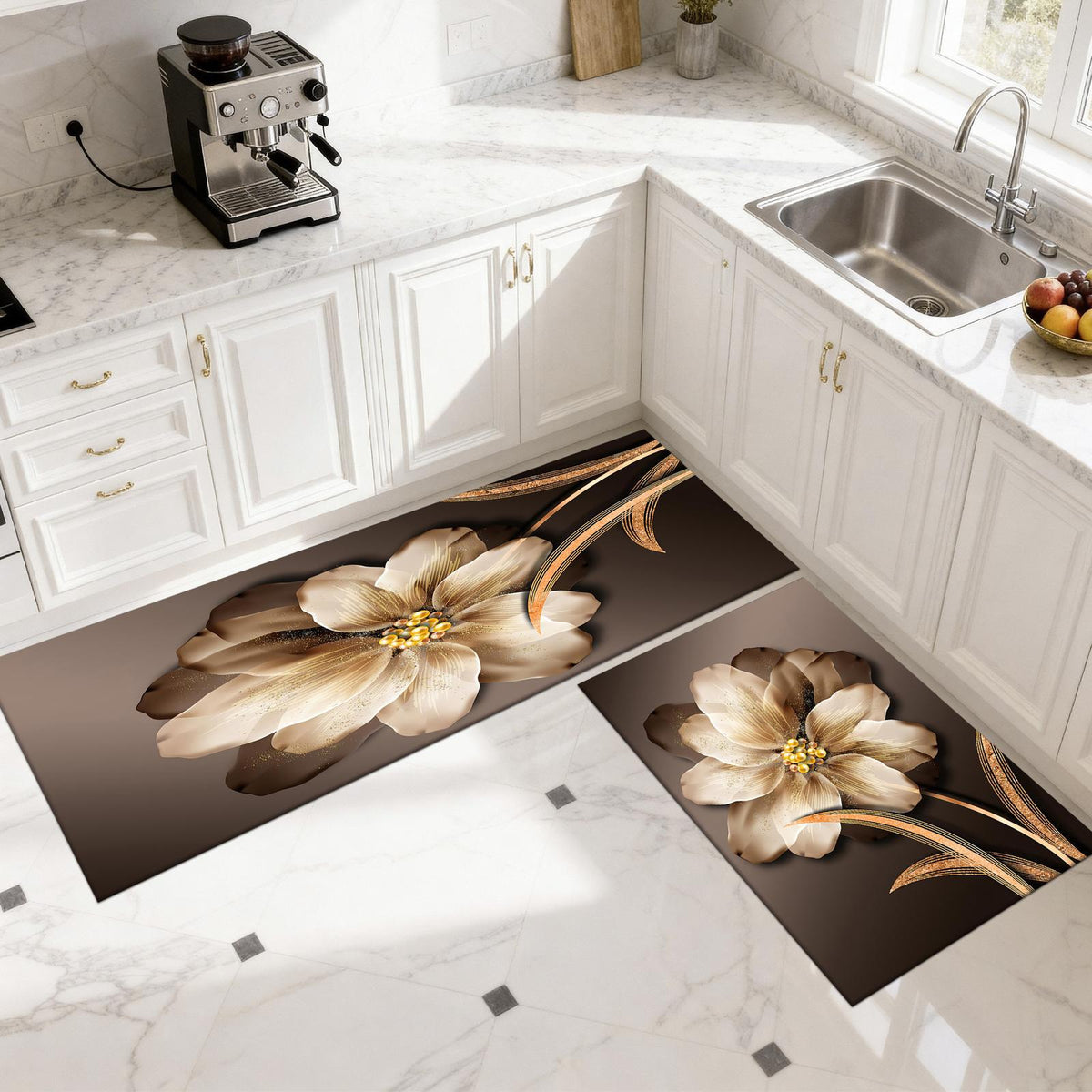 Set 2 Covorașe de Bucătărie Golden Flower, Model Floral Elegant, Antiderapante, cu Spumă de Memorie, Maro-Auriu, 50x120 cm + 50x60 cm