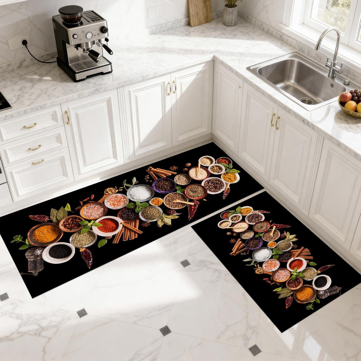 Set 2 Covorașe de Bucătărie Mix de Condimente, Antiderapante, cu Spumă de Memorie, Negru-Multicolor, 50x120 cm + 50x60 cm