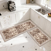 Set 2 Covorașe de Bucătărie Mozaic Rustic, Model Împletitură, Antiderapante, cu Spumă de Memorie, Bej-Maro, 50x120 cm + 50x60 cm