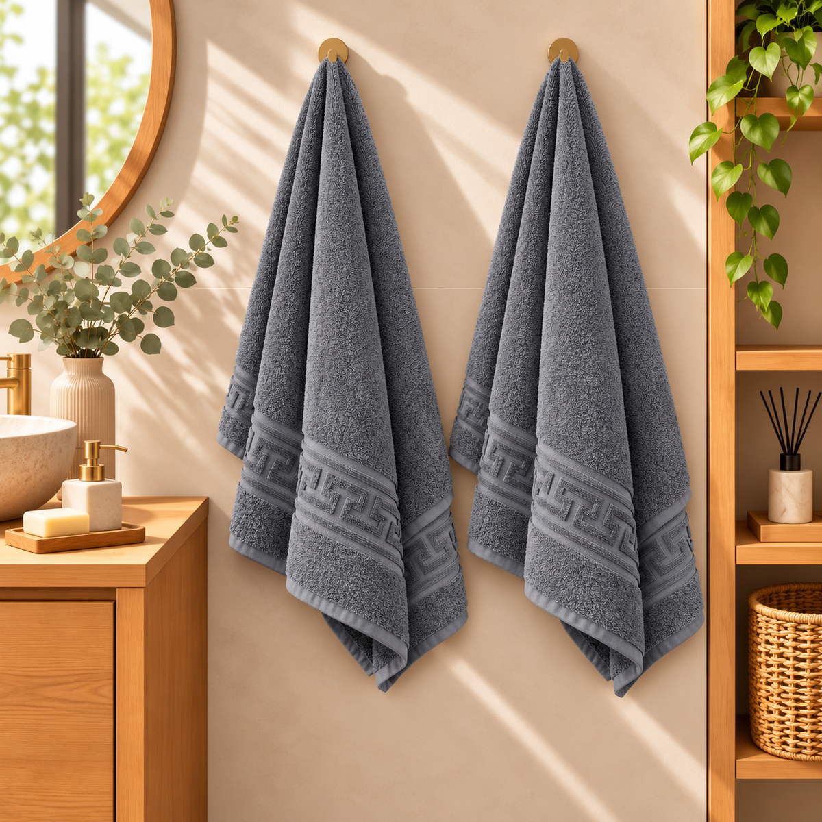 Set 2 Prosoape de Baie HORECA Greek Border, 70x140 cm, 100% Bumbac, 500 g/mp – Antracit – două prosoape agățate