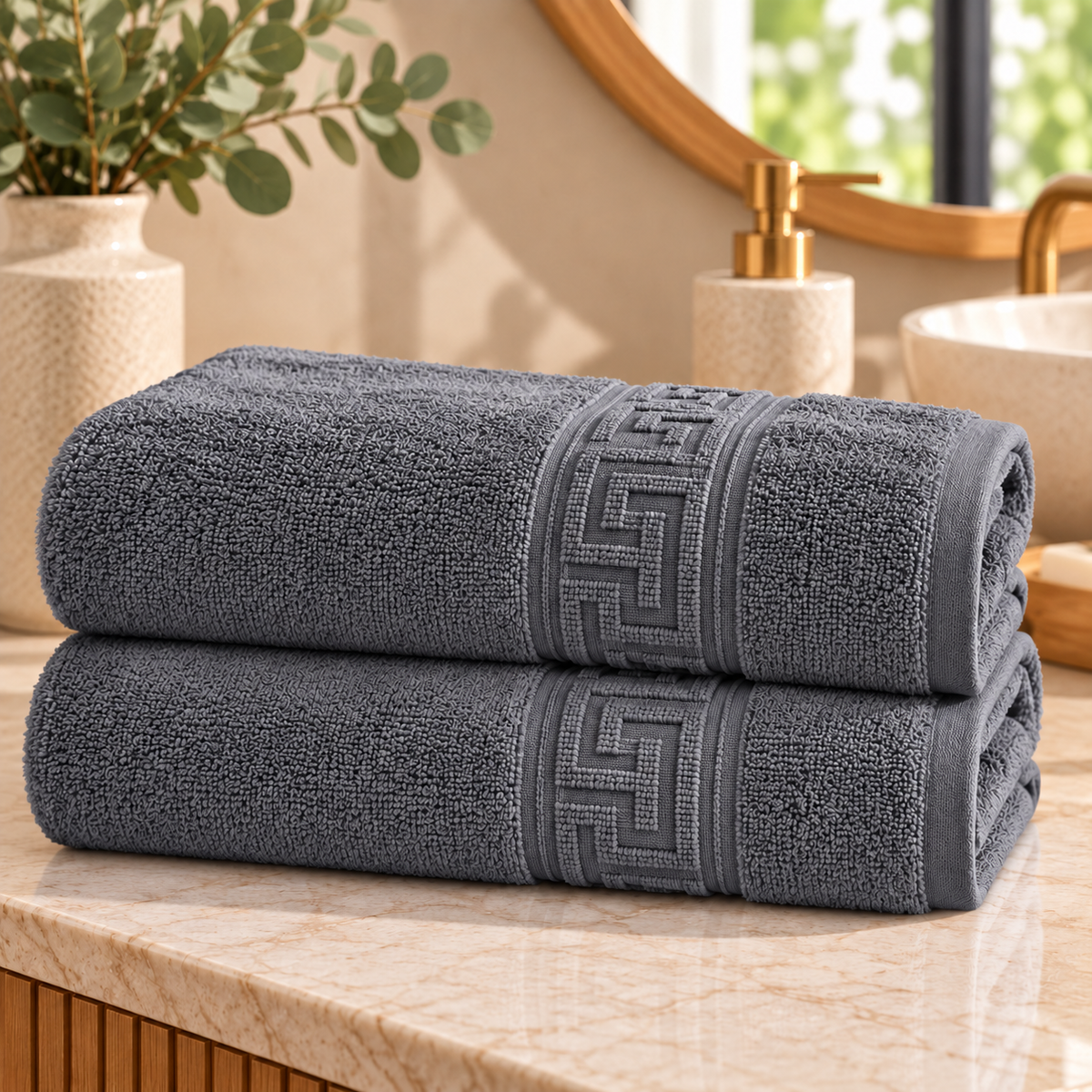 Set 2 Prosoape de Baie HORECA Greek Border, 70x140 cm, 100% Bumbac, 500 g/mp – Antracit – două prosoape împăturite