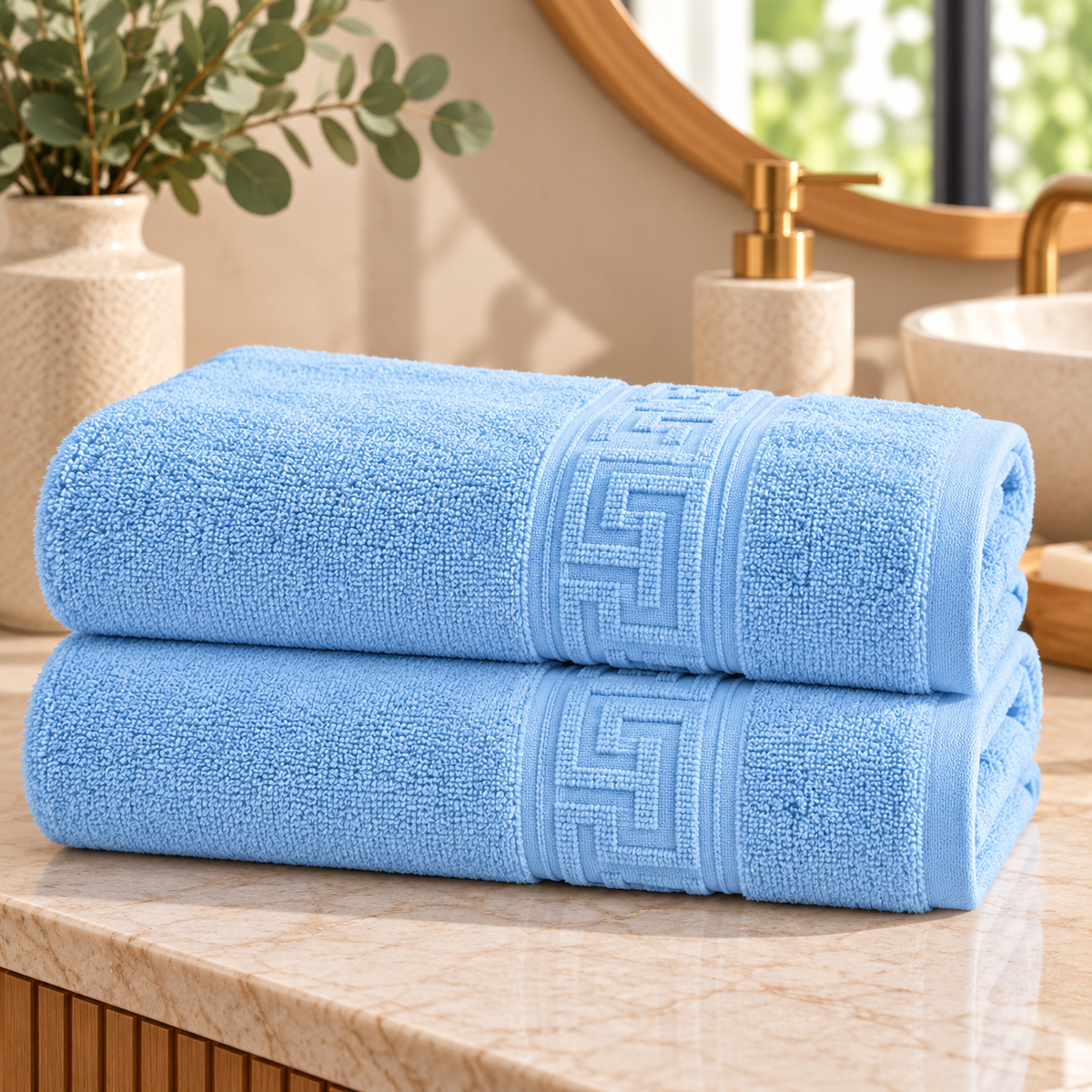 Set 2 Prosoape de Baie HORECA Greek Border, 70x140 cm, 100% Bumbac, 500 g/mp – Bleu – două prosoape împăturite