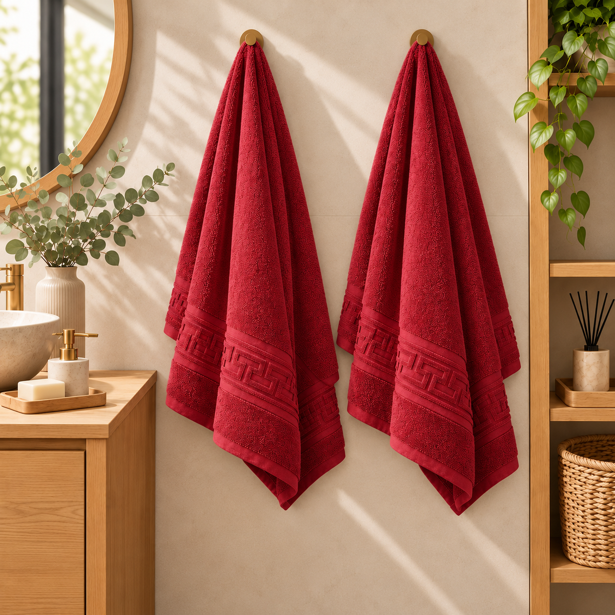 Set 2 Prosoape de Baie HORECA Greek Border, 70x140 cm, 100% Bumbac, 500 g/mp – Bordo – două prosoape agățate