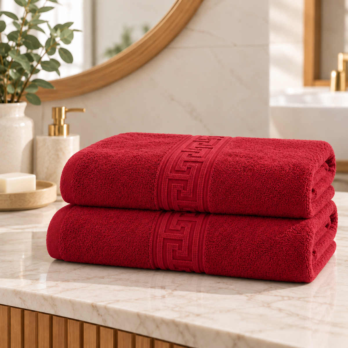 Set 2 Prosoape de Baie HORECA Greek Border, 70x140 cm, 100% Bumbac, 500 g/mp – Bordo – două prosoape împăturite