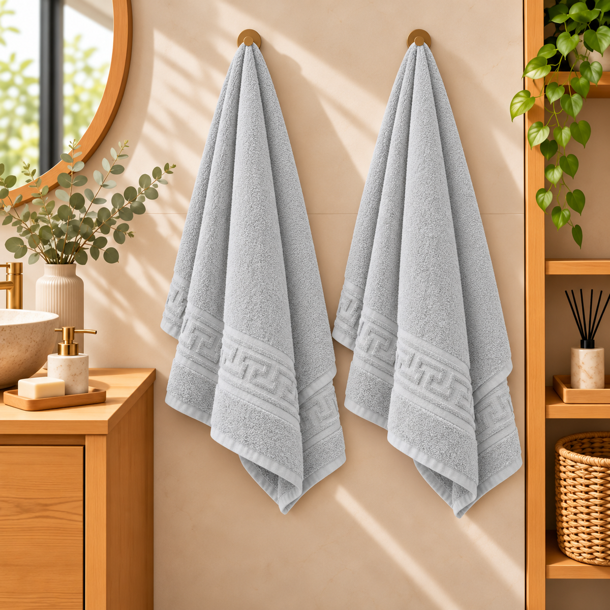 Set 2 Prosoape de Baie HORECA Greek Border, 70x140 cm, 100% Bumbac, 500 g/mp – Gri Deschis – două prosoape agățate