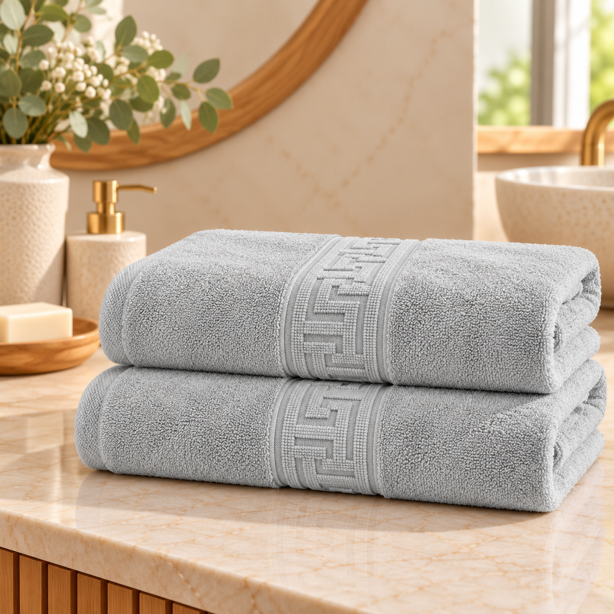 Set 2 Prosoape de Baie HORECA Greek Border, 70x140 cm, 100% Bumbac, 500 g/mp – Gri Deschis – două prosoape împăturite