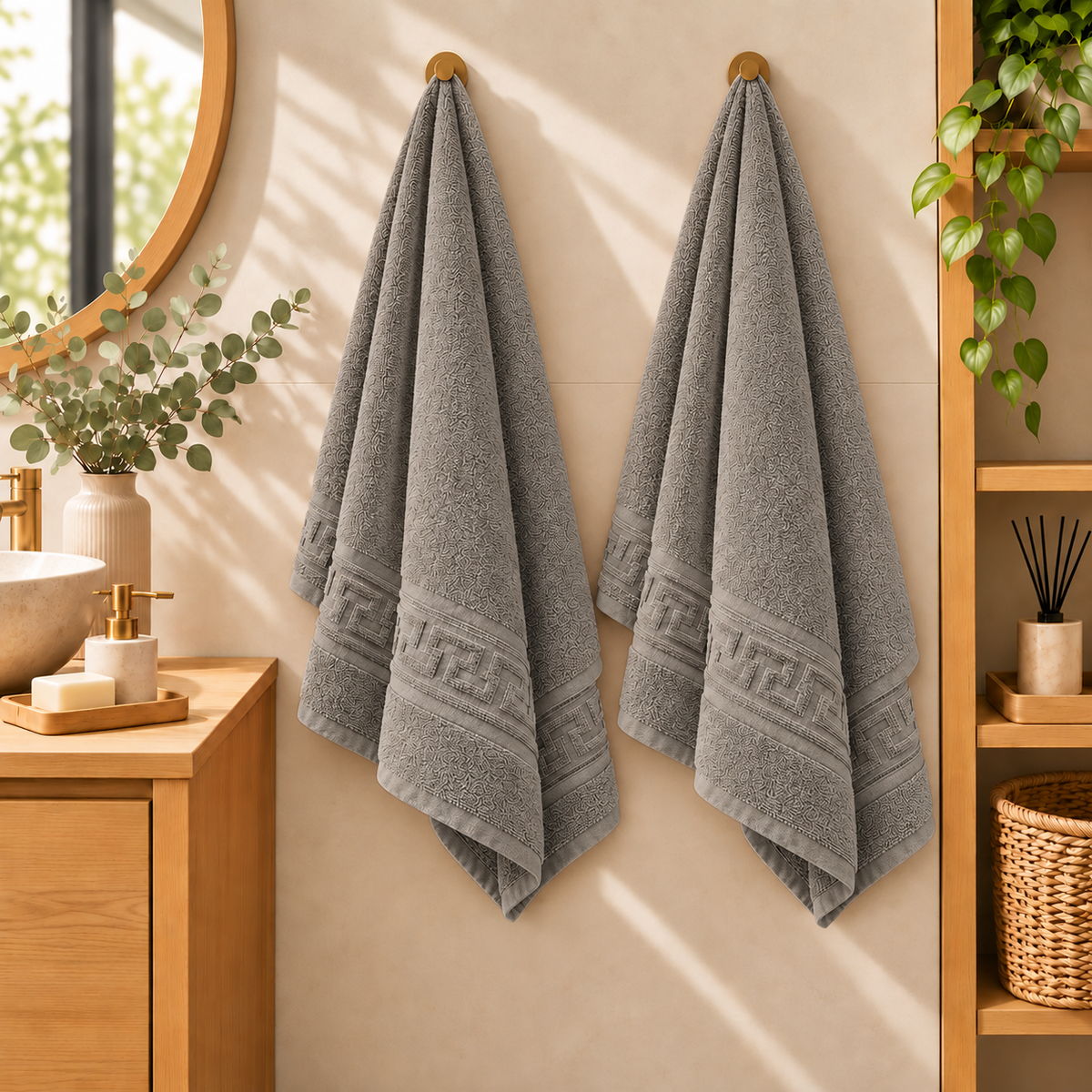 Set 2 Prosoape de Baie HORECA Greek Border, 70x140 cm, 100% Bumbac, 500 g/mp – Gri Taupe – două prosoape agățate