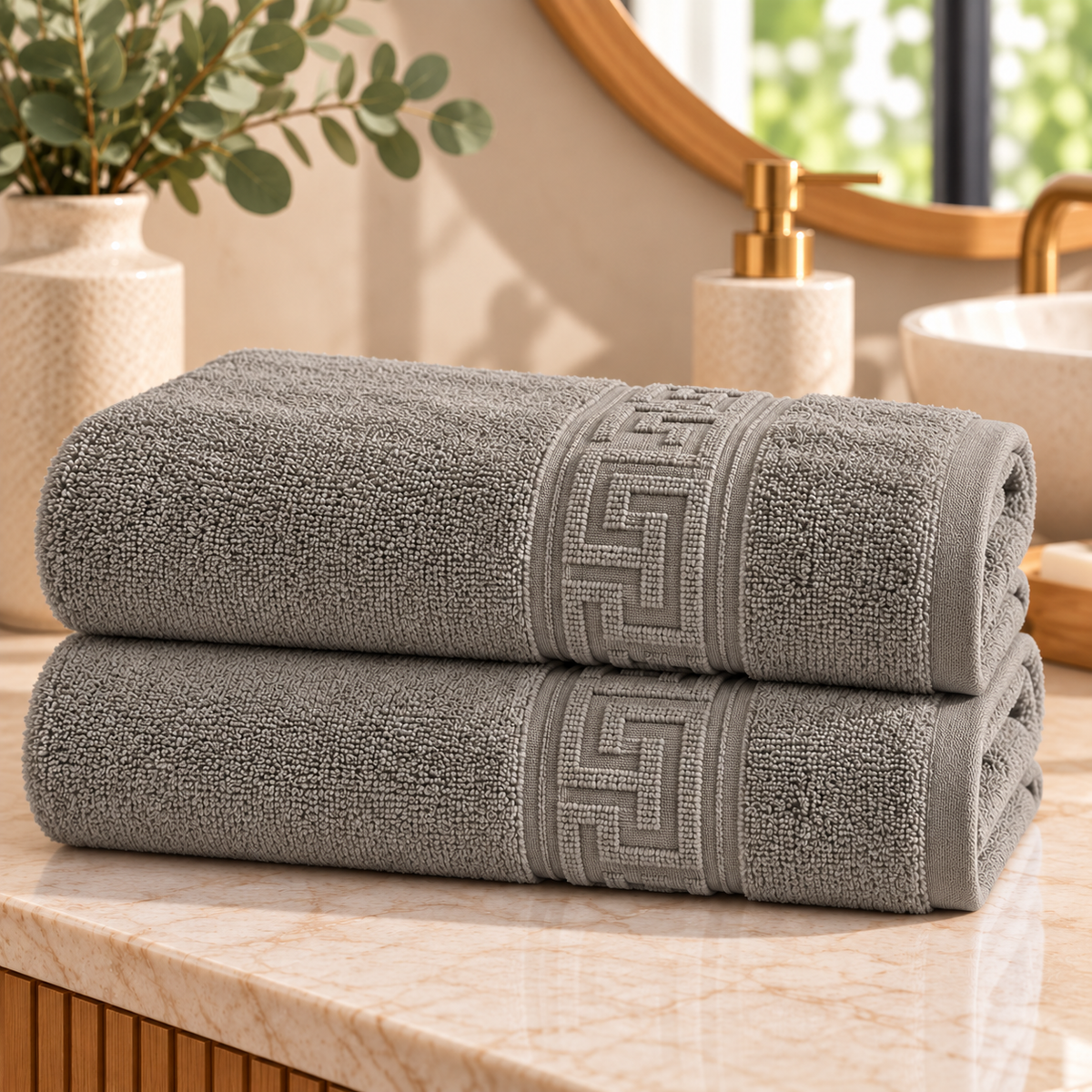 Set 2 Prosoape de Baie HORECA Greek Border, 70x140 cm, 100% Bumbac, 500 g/mp – Gri Taupe – două prosoape împăturite