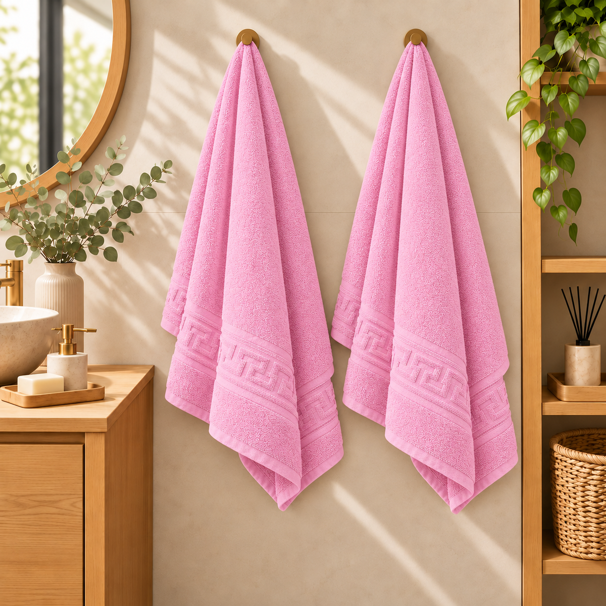 Set 2 Prosoape de Baie HORECA Greek Border, 70x140 cm, 100% Bumbac, 500 g/mp – Roz – două prosoape agățate