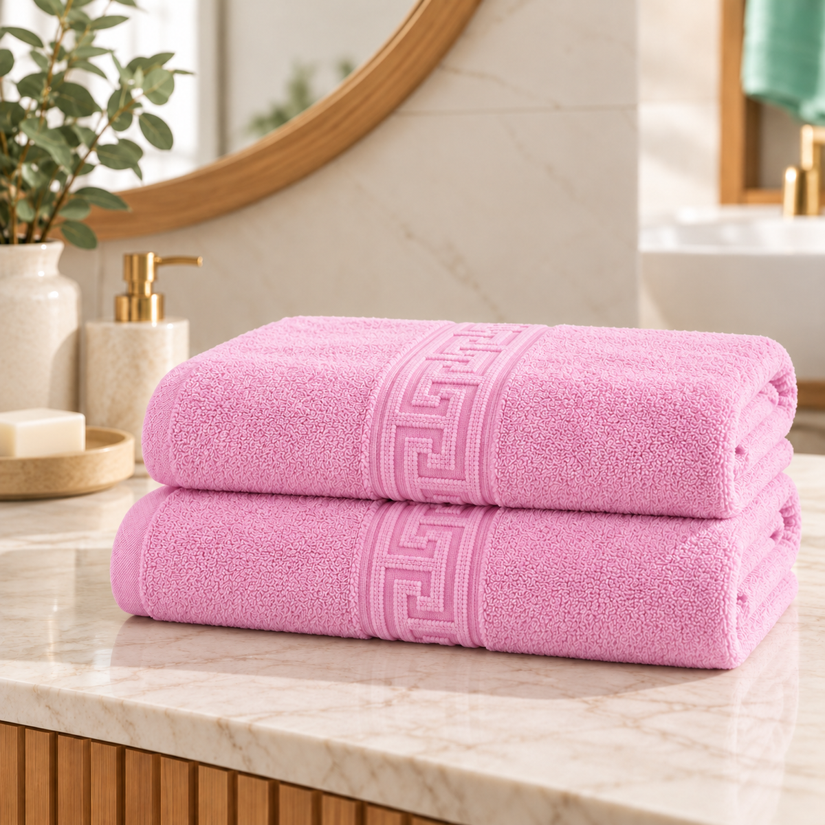 Set 2 Prosoape de Baie HORECA Greek Border, 70x140 cm, 100% Bumbac, 500 g/mp – Roz – două prosoape împăturite