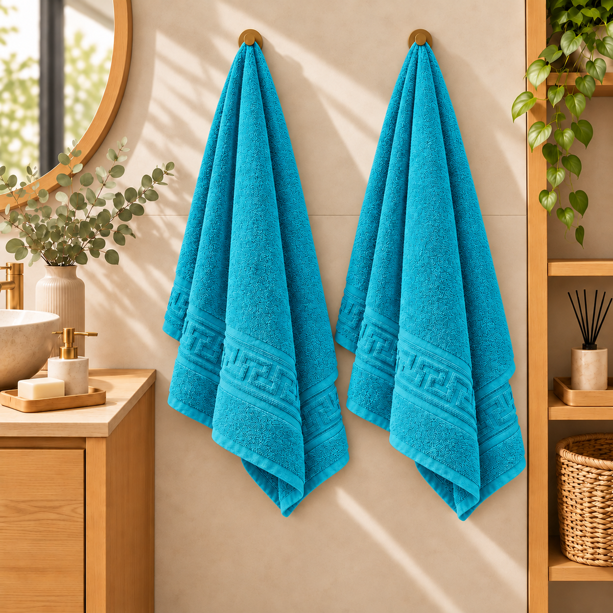 Set 2 Prosoape de Baie HORECA Greek Border, 70x140 cm, 100% Bumbac, 500 g/mp – Turcoaz – două prosoape agățate