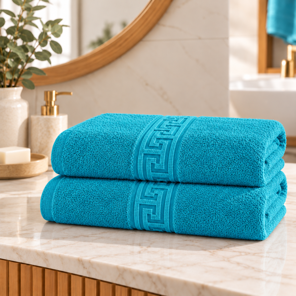 Set 2 Prosoape de Baie HORECA Greek Border, 70x140 cm, 100% Bumbac, 500 g/mp – Turcoaz – două prosoape împăturite