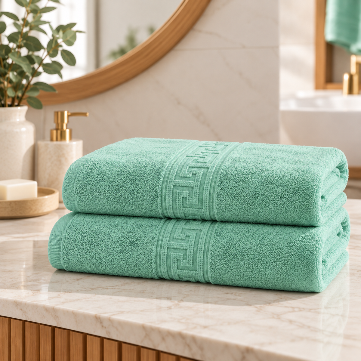 Set 2 Prosoape de Baie HORECA Greek Border, 70x140 cm, 100% Bumbac, 500 g/mp – Verde Menta – două prosoape împăturite