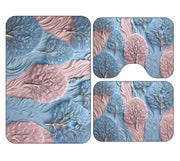 Set 3 Piese Covorașe Baie – Model 3D cu Copaci Decorativi, Roz Pudrat și Albastru Pastel