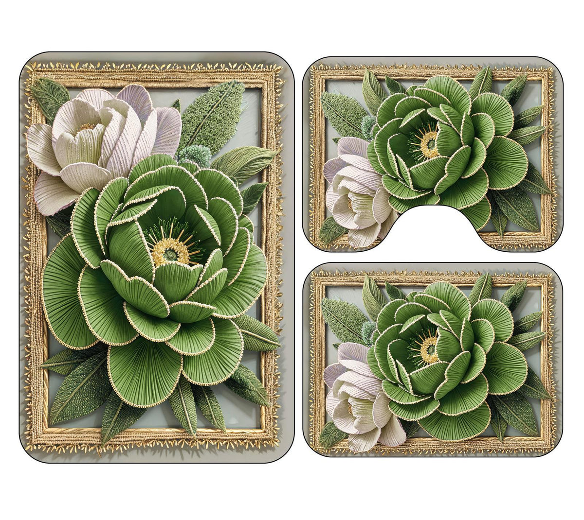 Set 3 Piese Covorașe Baie – Model Floral 3D cu Trandafiri Verzi și Ramă Aurie