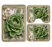 Set 3 Piese Covorașe Baie – Model Floral 3D cu Trandafiri Verzi și Ramă Aurie