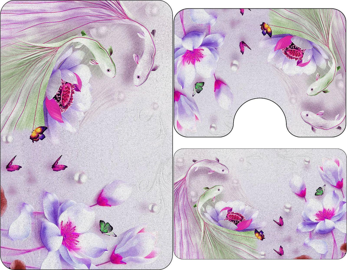 Set 3 Piese Covorașe Baie – Model Floral cu Pești Koi și Fluturi, Roz-Lila