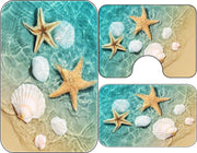 Set 3 Piese Covorașe Baie – Model Marin cu Stele de Mare și Scoici, Turcoaz și Bej