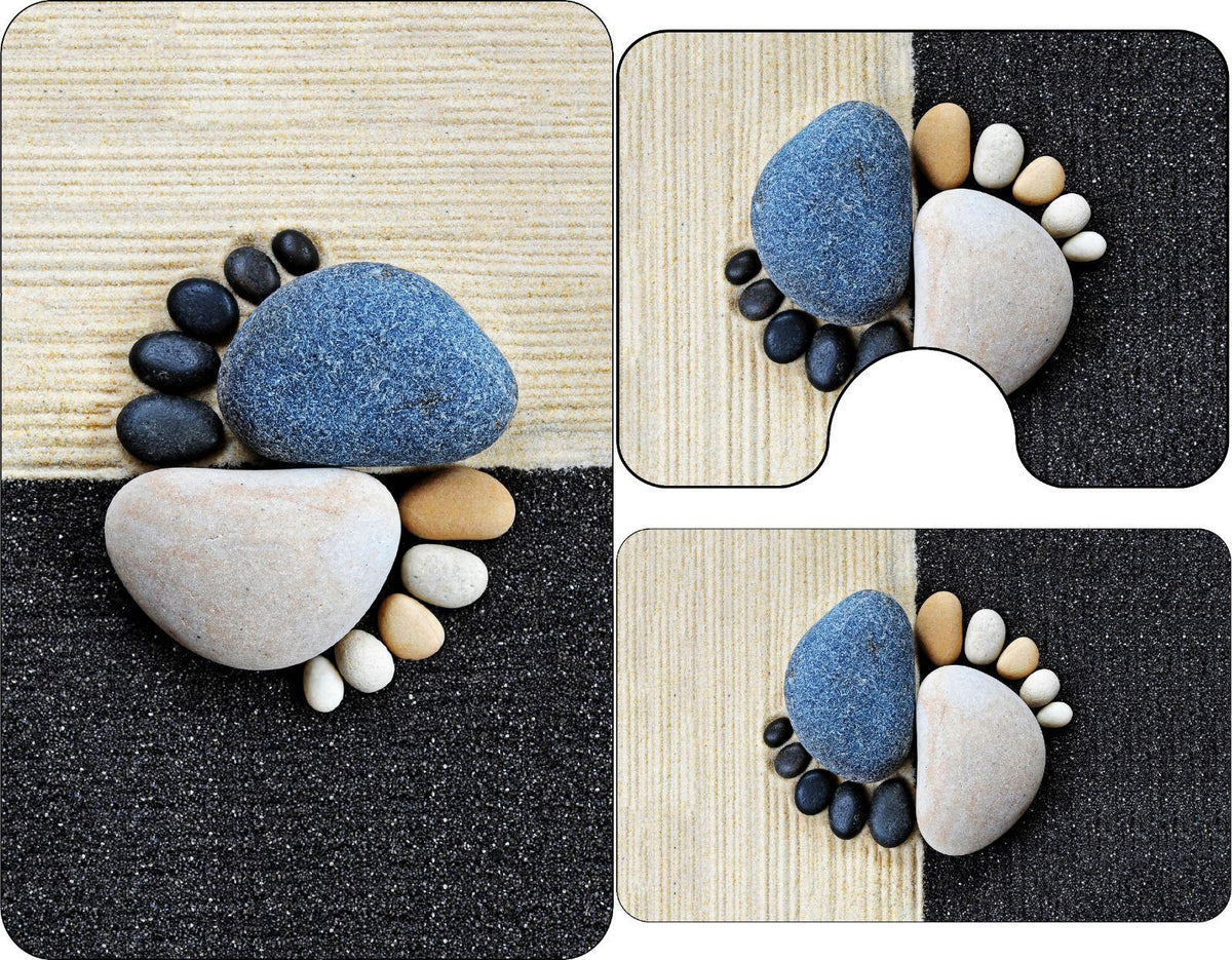 Set 3 Piese Covorașe Baie – Model Zen cu Pietre Decorative, Bej-Negru